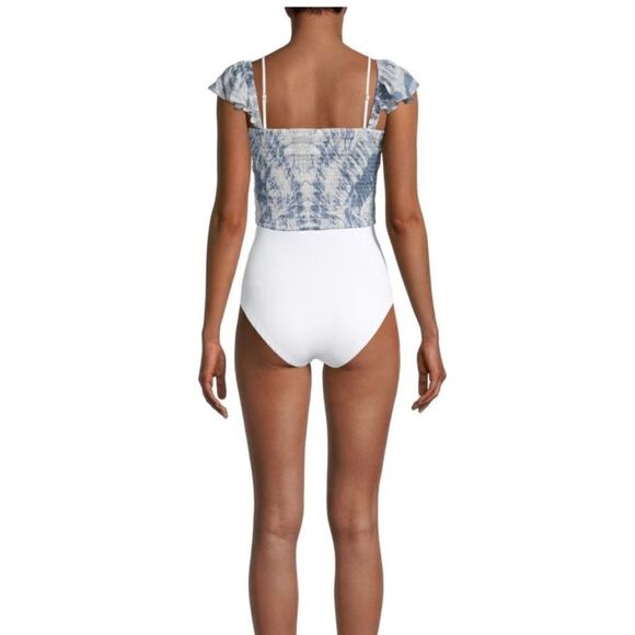 LA MODA CLOTHING Shirred Tie-Dye Cover-Up Crop Swim‎ Top, Blue/White, L/XL, NWT - Picture 4 of 4